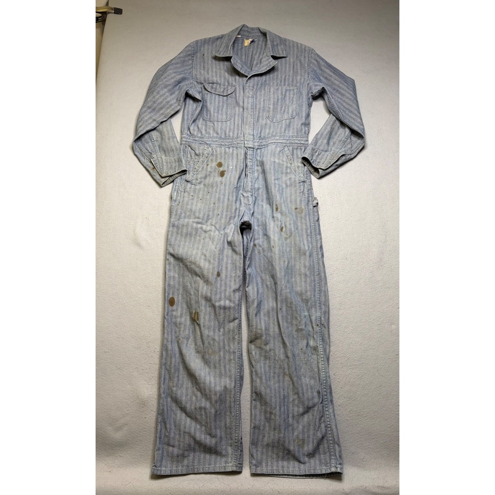 Blue Bell Coveralls Mens 40 Blue Herringbone Twill Vintage 70s Workwear Jumpsuit